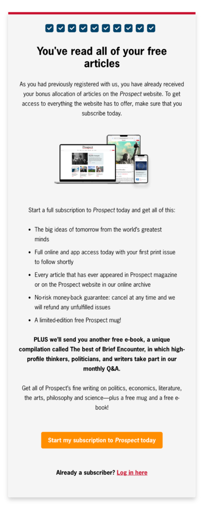Screenshot of Paywall Upsell from Prospect Magazine