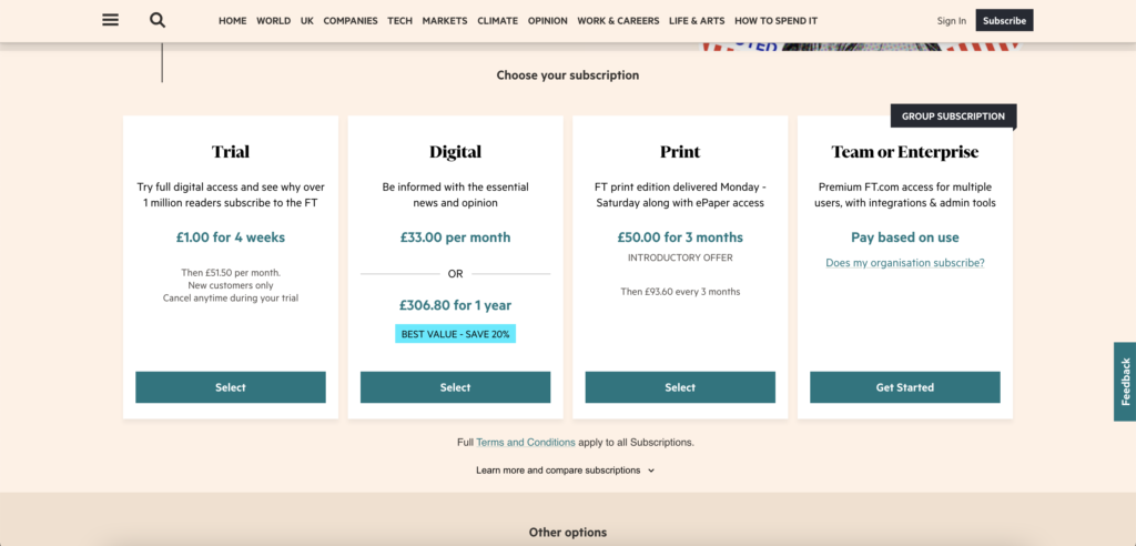 Screen Shot of paywall pricing table from the Financial Times