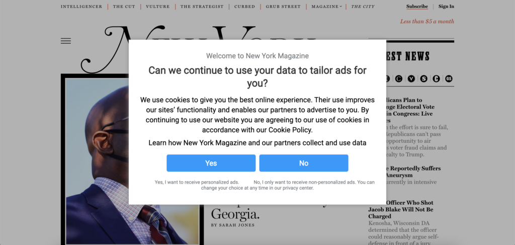 Screenshot of paywall data opt-in from the New Yorker