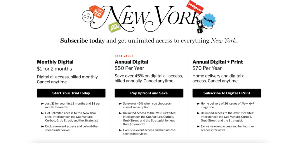 Screenshot of pricing table from the new Yorker