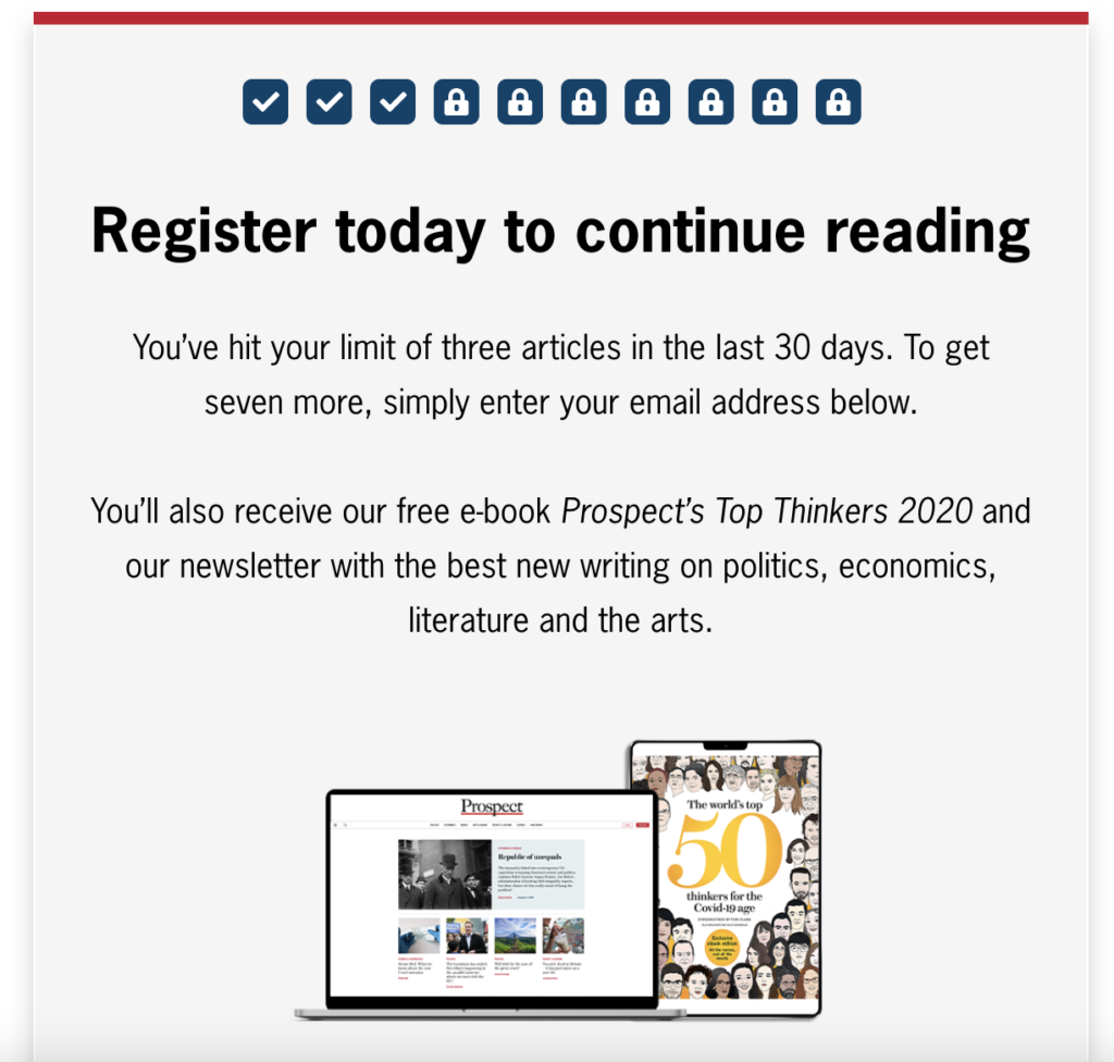 Screenshot of paywall blocker from Prospect Magazine