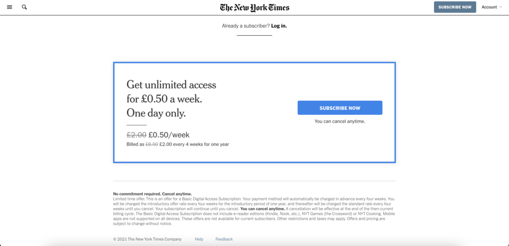 Screenshot of Paywall blocker from the New York Times