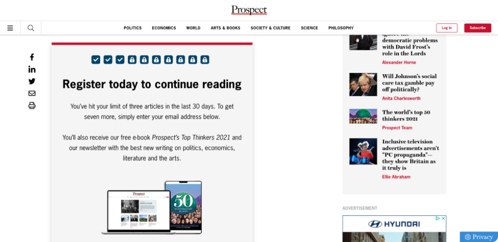 Screenshot of prospect magazine paywall blocker to encourage signups