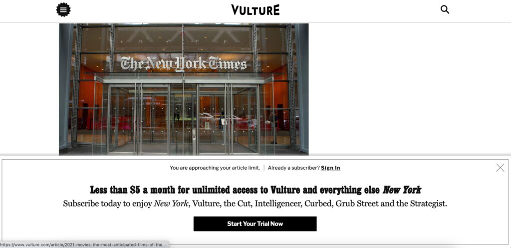 Screenshot of Paywall upsell from Vulture